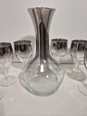 VTG  MCM Silver Fade Wine Decanter and 6 Small Goblets Mad Men 60s Bar Groovy